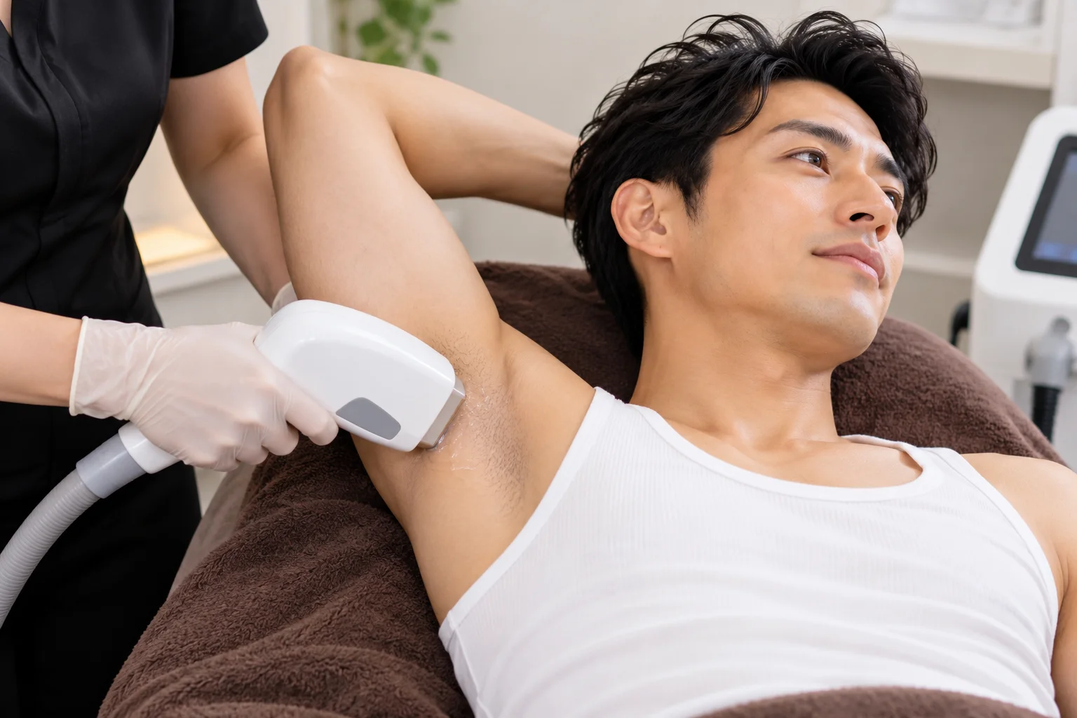 施術用ベッドで脇の脱毛施術を受ける男性と、手袋をして機器を当てるスタッフ